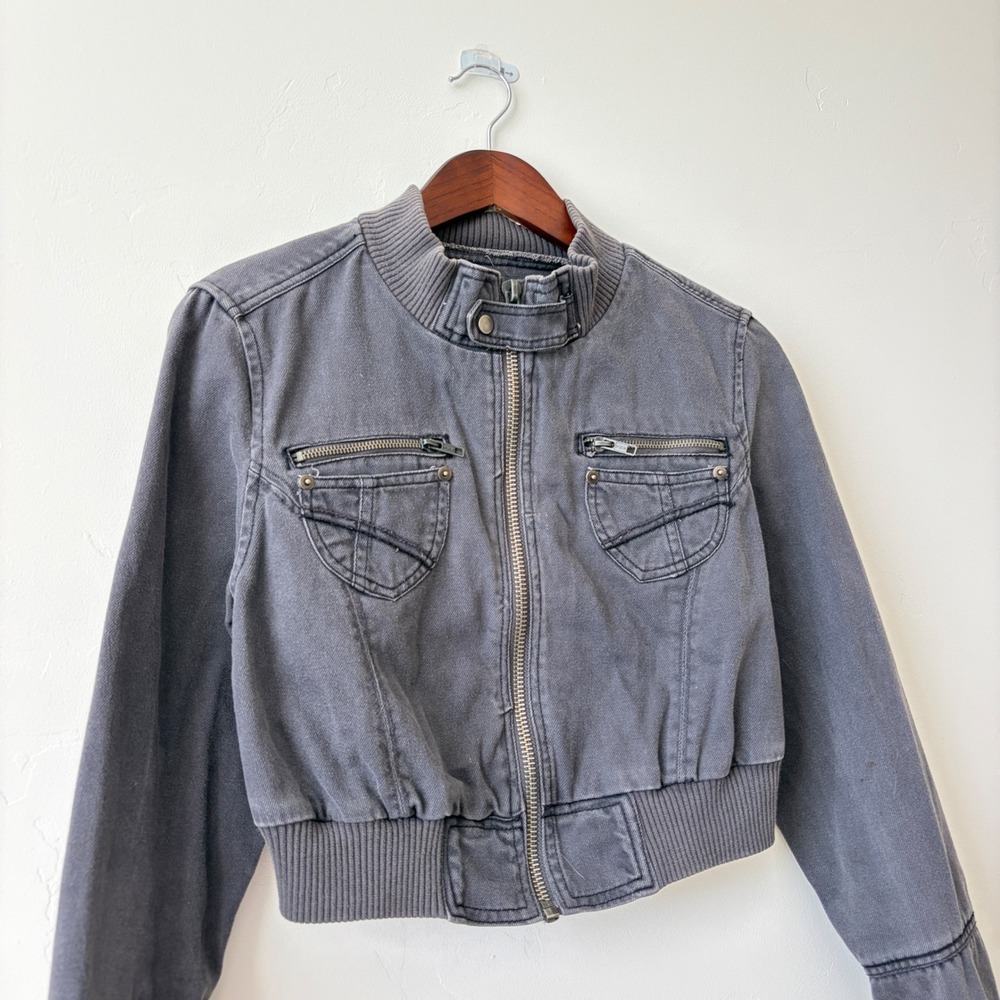 Vintage Y2K No Boundaries Gray Cropped Bomber Jacket Utility Zip Up Small